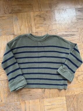 Oversized Striped Cotton Sweater in Olive and Navy 525 size small